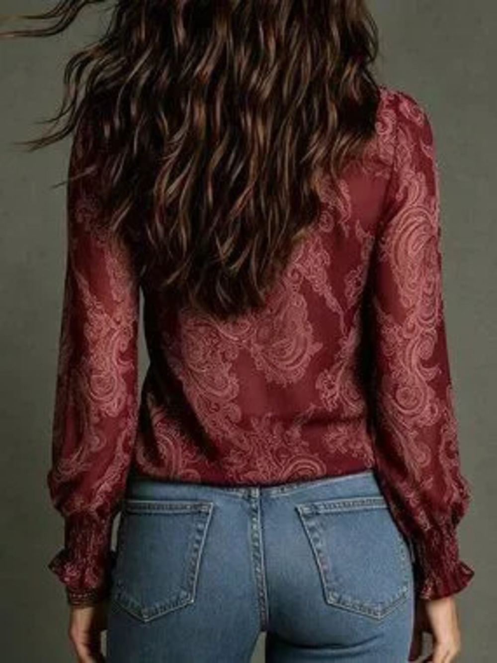 ZARA Dark Red Elegant Women's Paisley Floral Ruffle Zip Chiffon Blouse